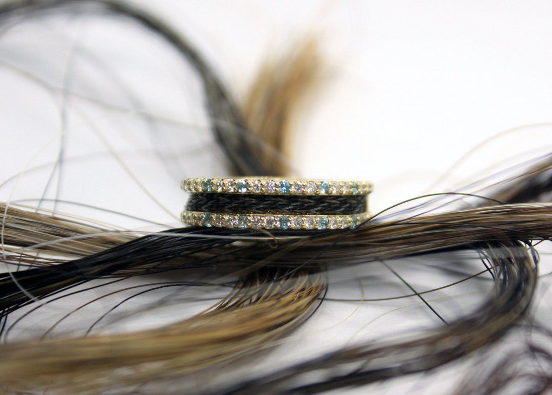 custom horsehair ring in gold with diamonds
